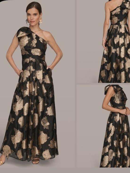 Donna Karan Dresses & Skirts - Donna Karan Black and Gold One-Shoulder Floral Gown